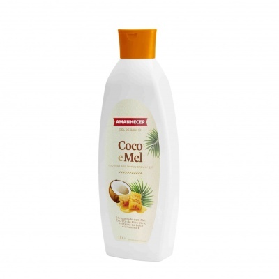 Garrafa branca de gel de banho Amanhecer Coco e Mel com tampa laranja