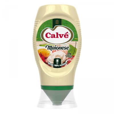 Frasco de maionese Calvé com rótulo verde e tampa transparente