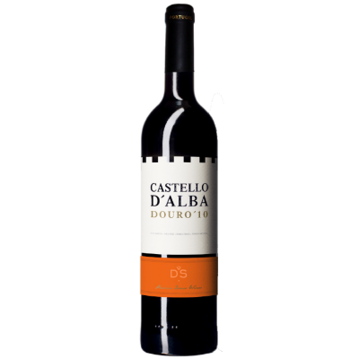 Garrafa de vinho tinto Castello D'Alba Douro 10 com rótulo branco e faixa laranja