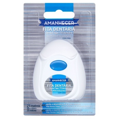 Fio dentário Amanhecer branco e azul em embalagem plástica transparente.