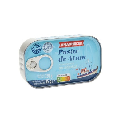 Lata azul clara de posta de atum Amanhecer com ilustração de barco de pesca