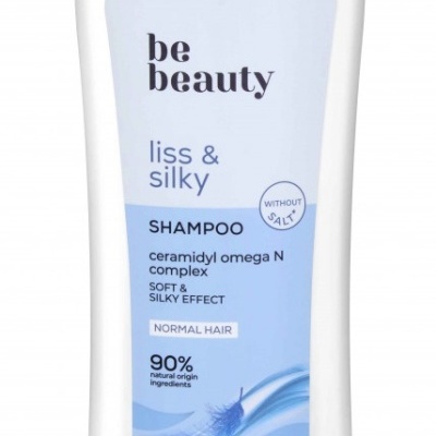 Champô be beauty liss & silky para cabelo normal, embalagem branca e azul clara