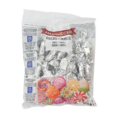 Pacote de caramelos Amanhecer com embalagem transparente e caramelo coloridos ilustrados na parte inferior.