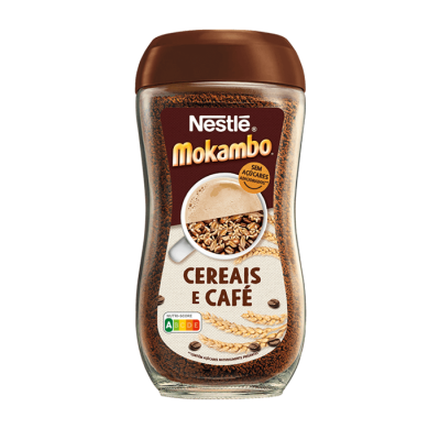Frasco de vidro com café instantâneo Nestlé Mokambo Cereais e Café