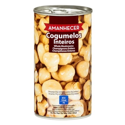Lata de cogumelos inteiros Amanhecer com etiqueta vermelha e imagem realista dos cogumelos.