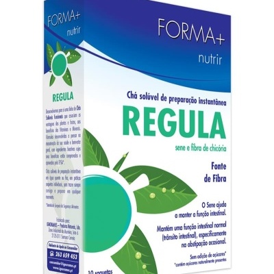 Caixa de chá solúvel REGULA, FORMA+ nutrir, com design azul, branco e verde, 10 saquetas.