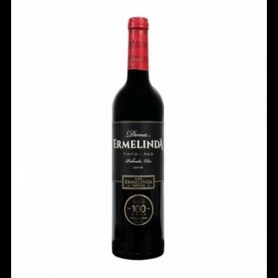 Garrafa de vinho tinto Dona Ermelinda com rótulo preto e tampa vermelha
