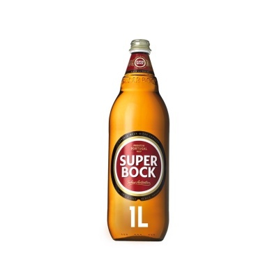 Garrafa de cerveja Super Bock 1 litro em vidro castanho com rótulo vermelho e branco