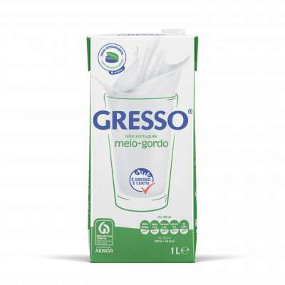 Pacote de leite Gresso meio-gordo 1 litro branco e verde
