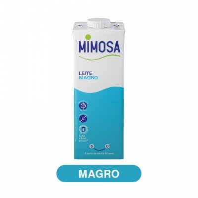 Pacote cartonado de leite magro Mimosa branco e azul com tampa