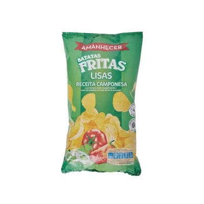 Embalagem de batatas fritas lisas verde da marca Amanhecer