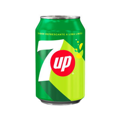 Lata de 7 UP verde e amarela com texto e logótipo