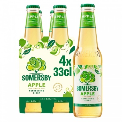 Pack de quatro garrafas de cidra Somersby Apple Classic Refreshing Cider com rótulos verdes e brancos