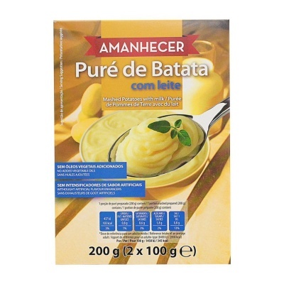 Embalagem de puré de batata com leite AMANHECER, 200 g, com colher e texto multilingue