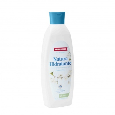 Frasco de Gel de Banho Natura Hidratante da marca Amanhecer, branco com tampa azul