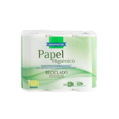 Pacote de papel higiénico reciclado Amanhecer, embalagem branca e verde