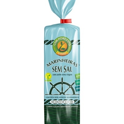 Pacote azul de bolachas Marinha Sem Sal com texto e selo vegan