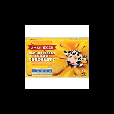 Pacote amarelo de bolachas mini recheadas com chocolate da Amanhecer com imagem de vaca