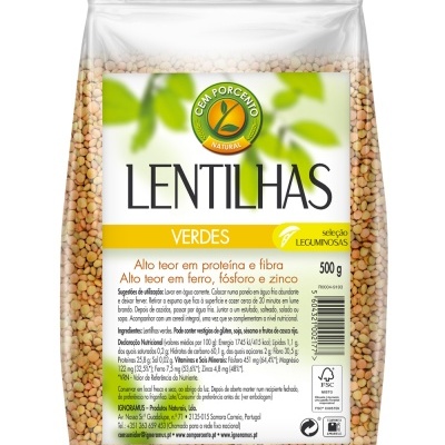 Pacote transparente de lentilhas verdes com rótulo branco e amarelo da marca CEM PORCENTO NATURAL 500 g