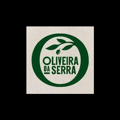 Logótipo verde de Oliveira da Serra com folhas e azeitonas em fundo bege