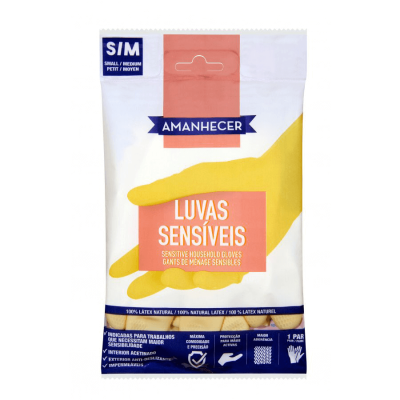 Pacote de luvas amarelas de látex natural da marca AMANHECER