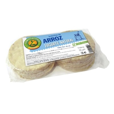 Pacote de bolachas de arroz com etiqueta azul e selo natural