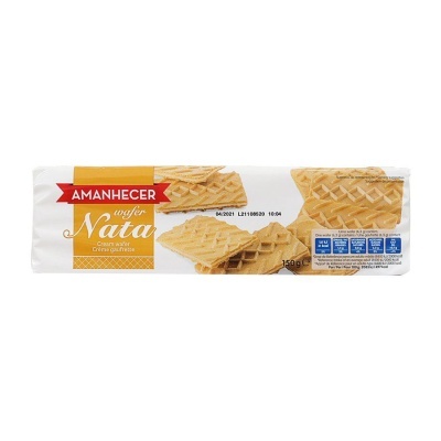 Embalagem branca de biscoitos wafer Voglia Nata Amanhecer com detalhes amarelos e vermelhos