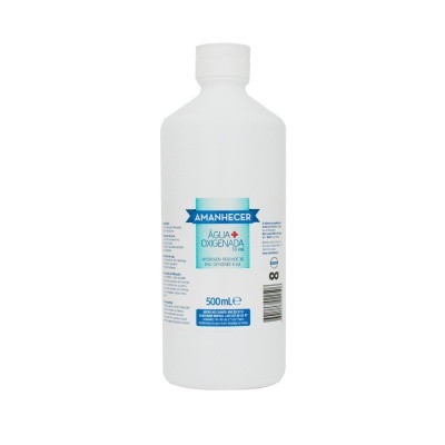 Garrafa branca de água oxigenada Amanhecer 500ml com rótulo azul e branco