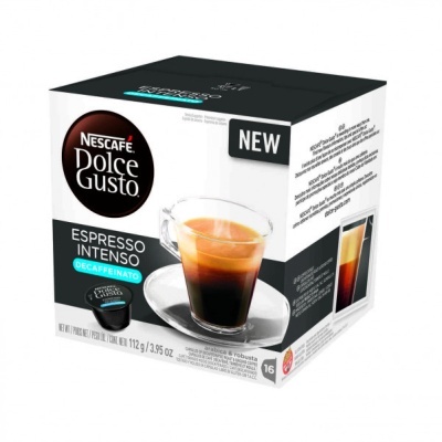 Embalagem de cápsulas Nescafé Dolce Gusto Espresso Intenso descafeinado e chávena de café