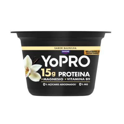 Iogurte YoPRO sabor baunilha em embalagem preta com texto informativo e imagem de flor de baunilha