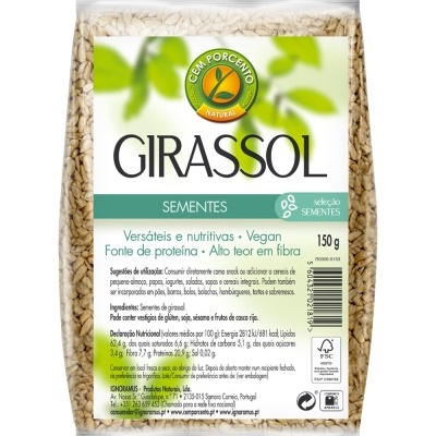 Pacote de sementes de girassol com etiqueta branca e verde