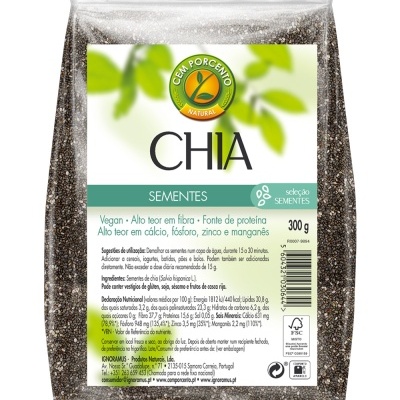 Embalagem de sementes de chia com rótulo branco e verde
