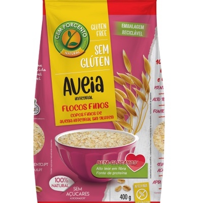 Pacote de flocos finos de aveia integral sem glúten com embalagem reciclável.