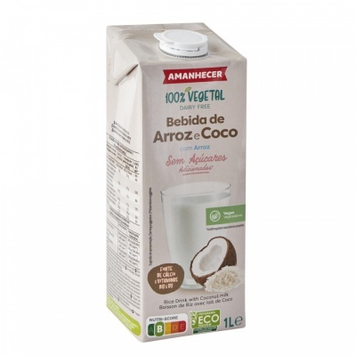 Caixa de bebida vegetal de arroz e coco Amanhecer 1L com tampa branca e imagem de coco e arroz