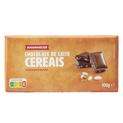 Chocolate de leite Cereais Amanhecer, 100g, embalagem castanha com imagem de tablete e cereais