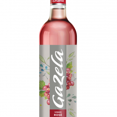 Garrafa de vinho rosé Gazela com rótulo cinza e tampa vermelha