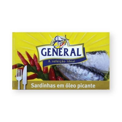 Lata de sardinhas em óleo picante marca GENERAL com imagem de sardinhas e malaguetas