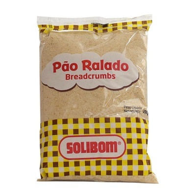 Pacote de pão ralado SOLIBOM 250g com padrão xadrez amarelo e branco