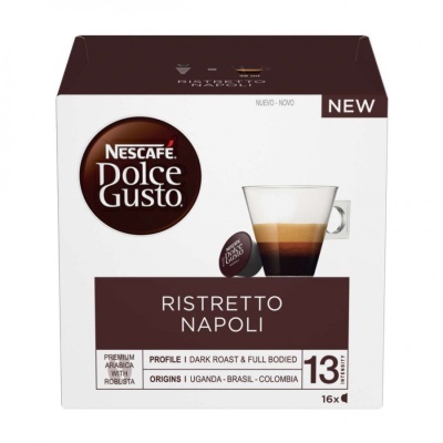 Embalagem branca e castanha de cápsulas Nescafé Dolce Gusto Ristretto Napoli com chávena de café e texto informativo