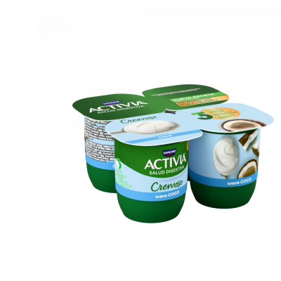 Quatro iogurtes Danone Activia sabor coco em embalagem verde e azul