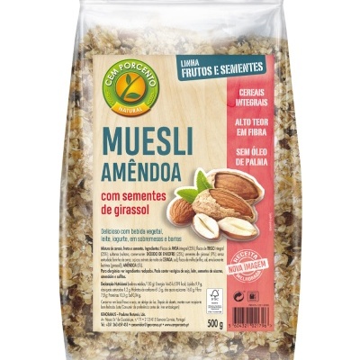Pacote de muesli amêndoa com sementes de girassol Cem Porcento Natural