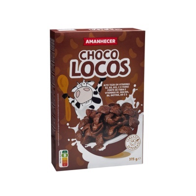 Caixa de cereais CHOCO LOCOS da Amanhecer com design marrom e imagem de vaca e cereais de chocolate