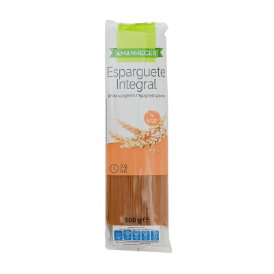 Pacote de esparguete integral AMANHECER branco e laranja com trigo e texto