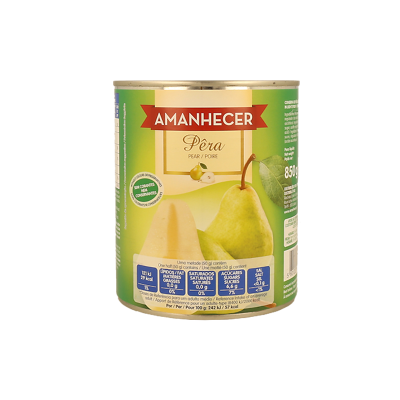 Lata de pêra Amanhecer com imagem da fruta e informação nutricional