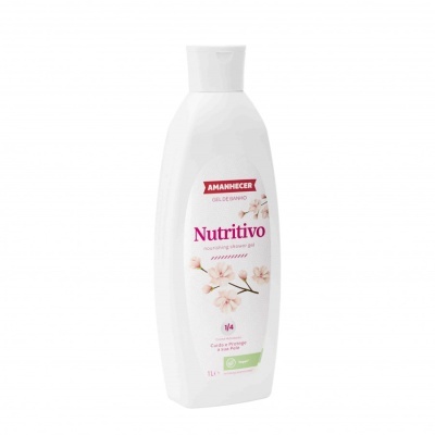 Garrafa branca de plástico com Gel de Banho Nutritivo AMANHECER e flores rosa