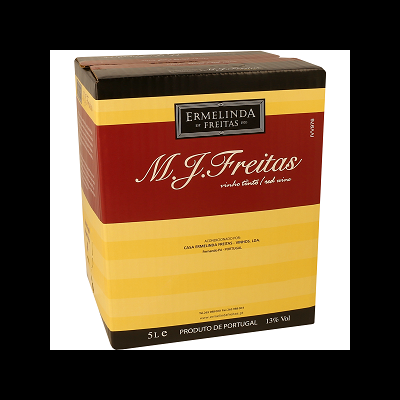 Caixa de vinho tinto M.J. Freitas com cores vermelho e amarelo