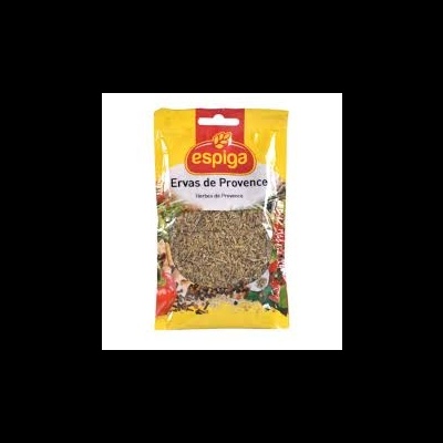 Pacote amarelo de ervas de Provence da marca Espiga com ervas visíveis