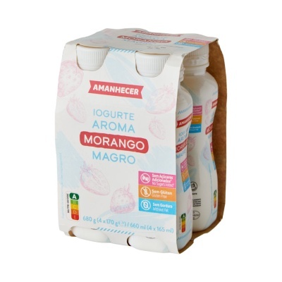 Pack de quatro iogurtes líquidos sabor morango Amanhecer em embalagem branca com rótulo colorido