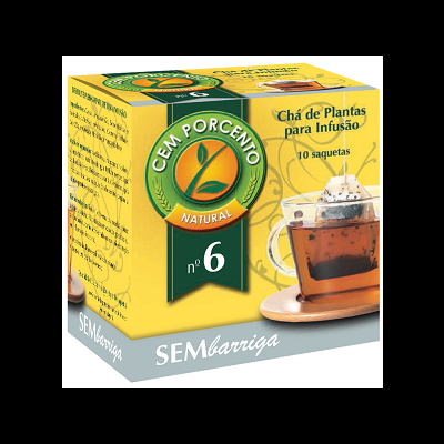 Caixa amarela de chá CEM PORCENTO NATURAL nº 6 com 10 saquetas e chá num copo de vidro
