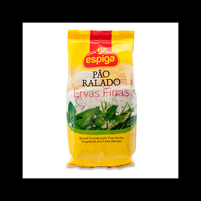 Pacote amarelo e vermelho de pão ralado com ervas finas da marca espiga